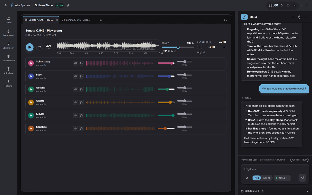 Mezclador de Soundara: los stems separados en seis filas, cada una con su botón de reproducción, número de notas, mute, solo, forma de onda, volumen, paneo y un botón que abre su partitura, con la columna de chat del asistente al lado.